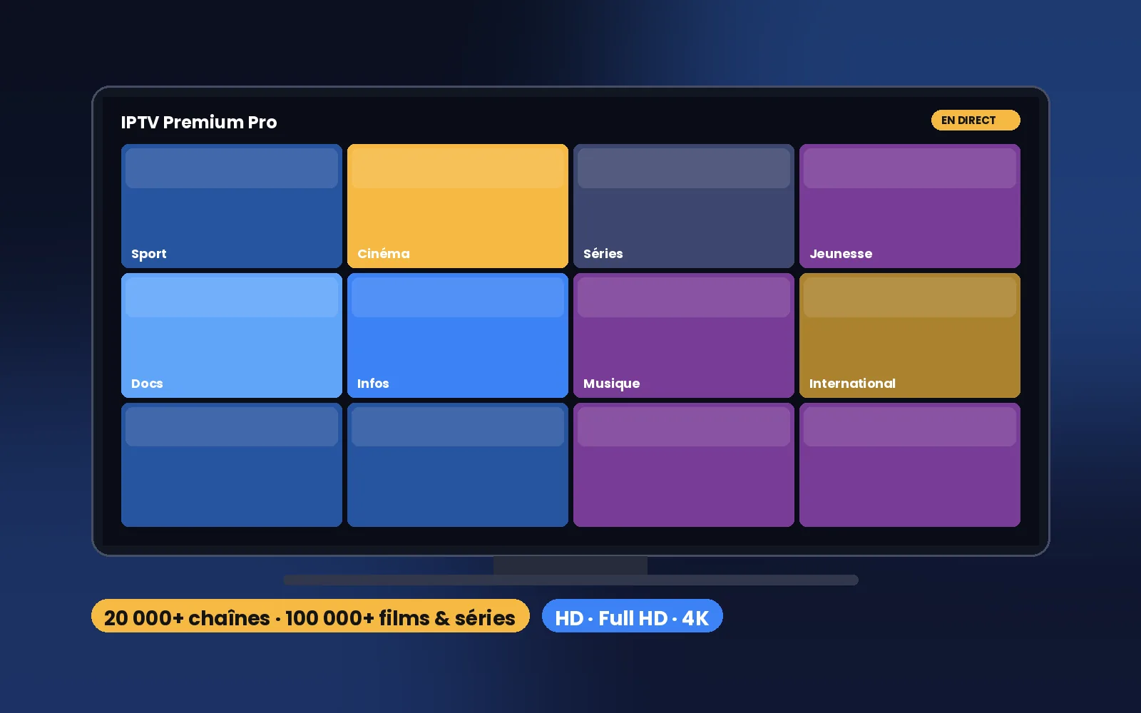 Abonnement IPTV premium affiché sur une Smart TV dans un salon