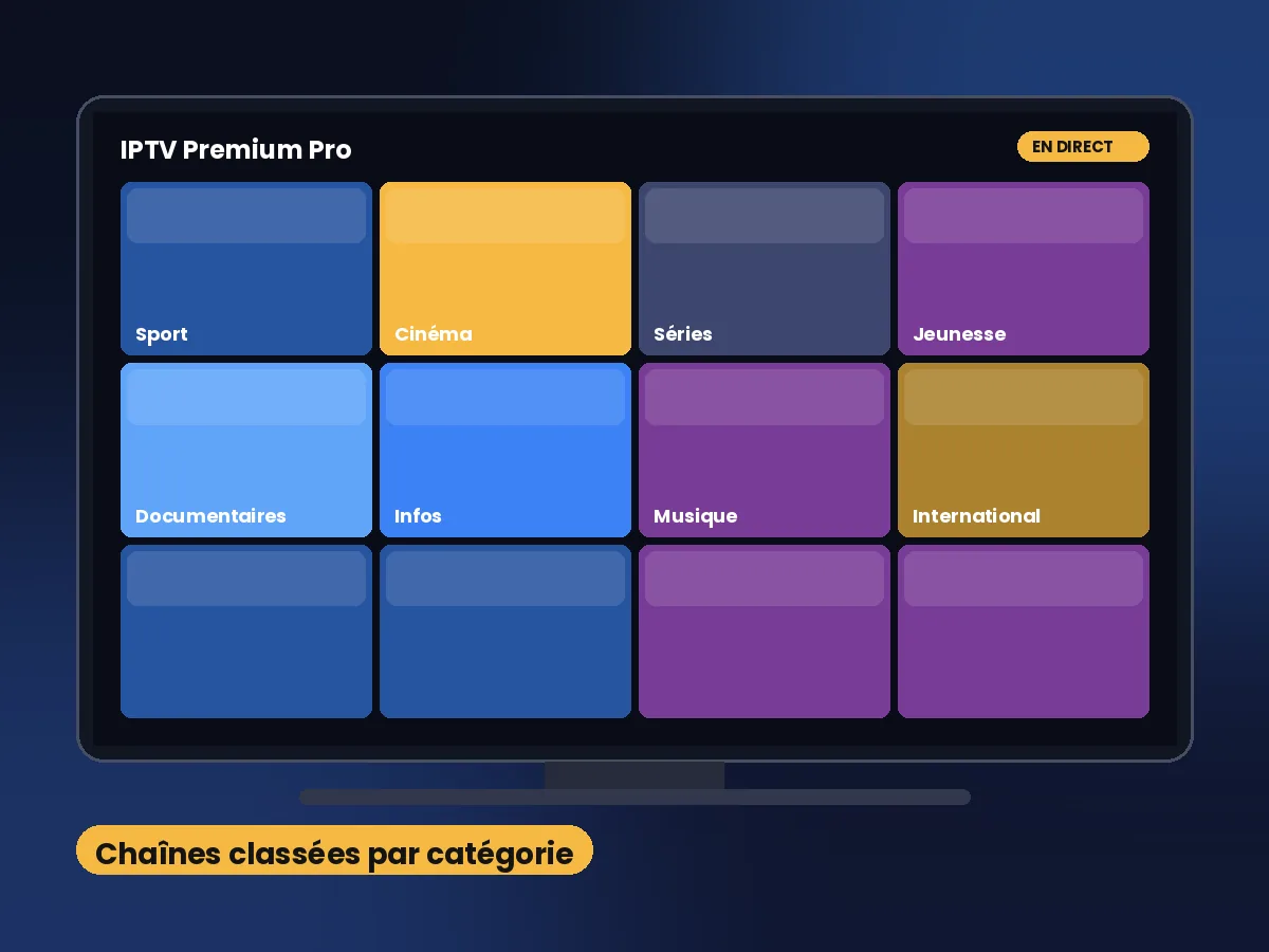 Liste des chaînes IPTV classées par catégorie sur un écran de télévision